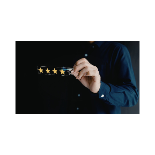Hand holding a five-star review strip