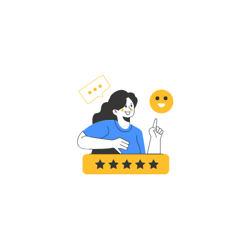 Illustration of a happy customer beside a five-star review card