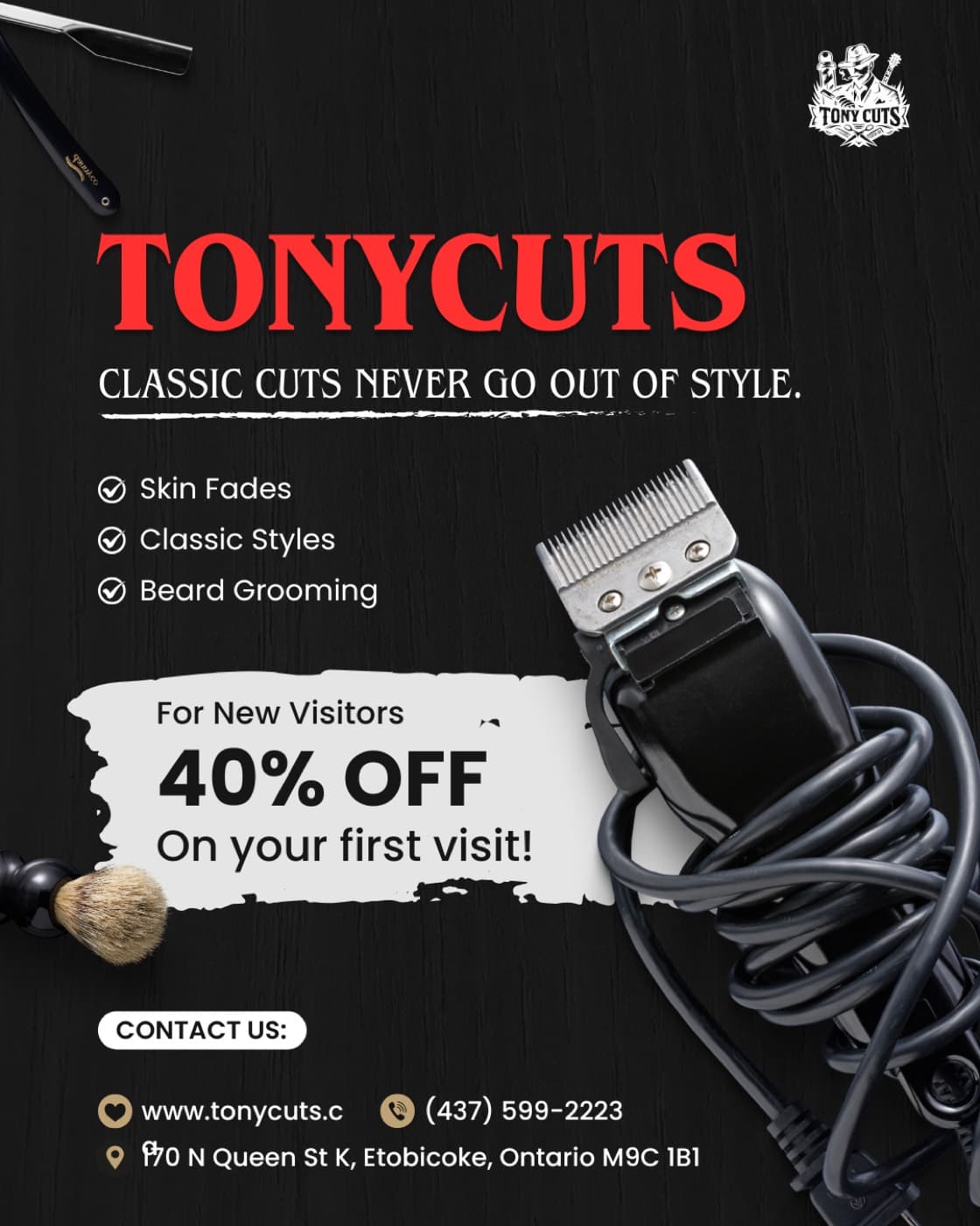 Branded barbershop promo post with bold typography