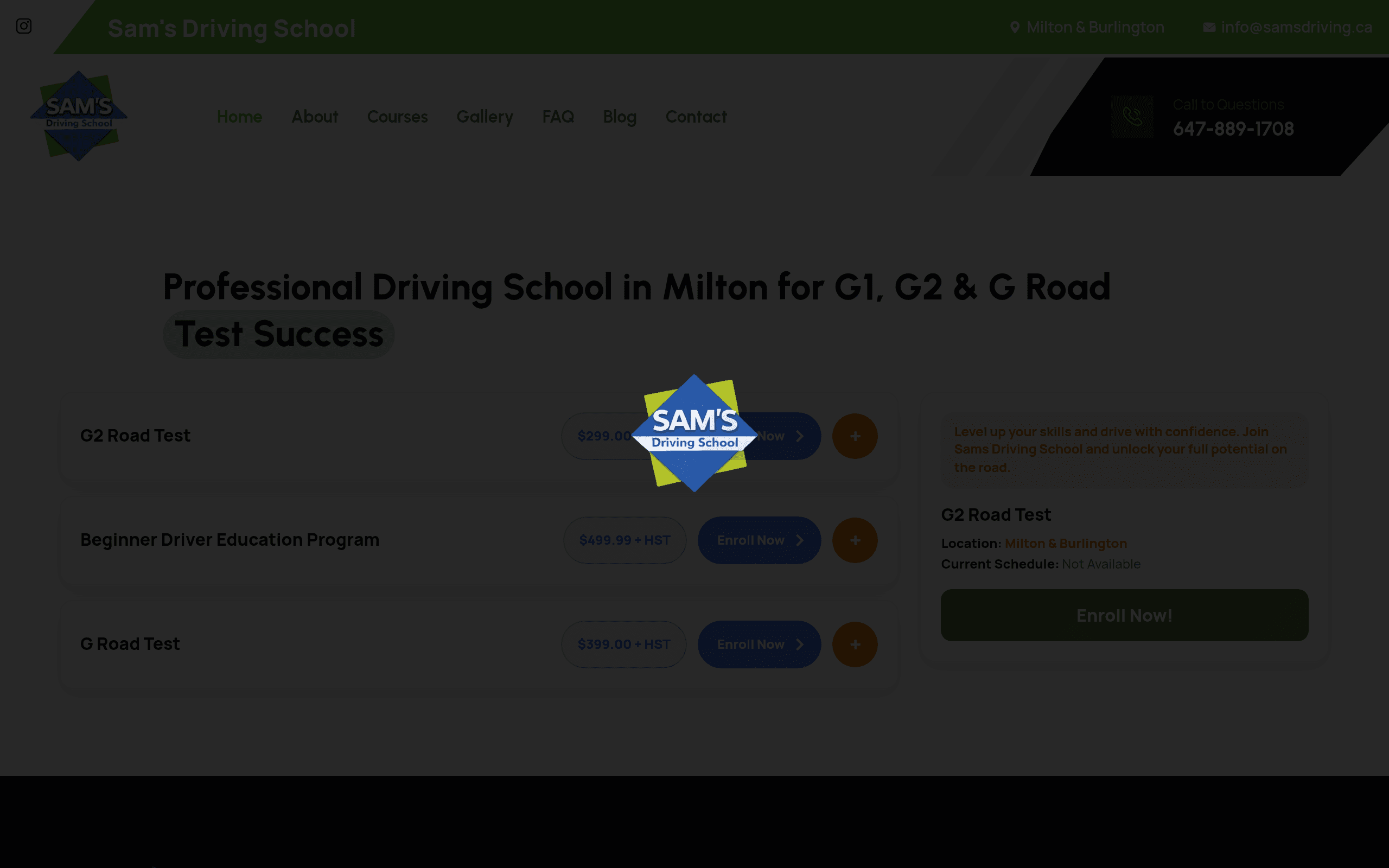 Sam's Driving School courses page showing G2, BDE, and G road test packages with pricing and enrollment calls to action